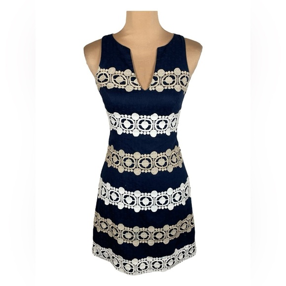 Lilly Pulitzer Navy White Gold Augusta Shift Blue with Lace Trim Cocktail Dress - Picture 6 of 14